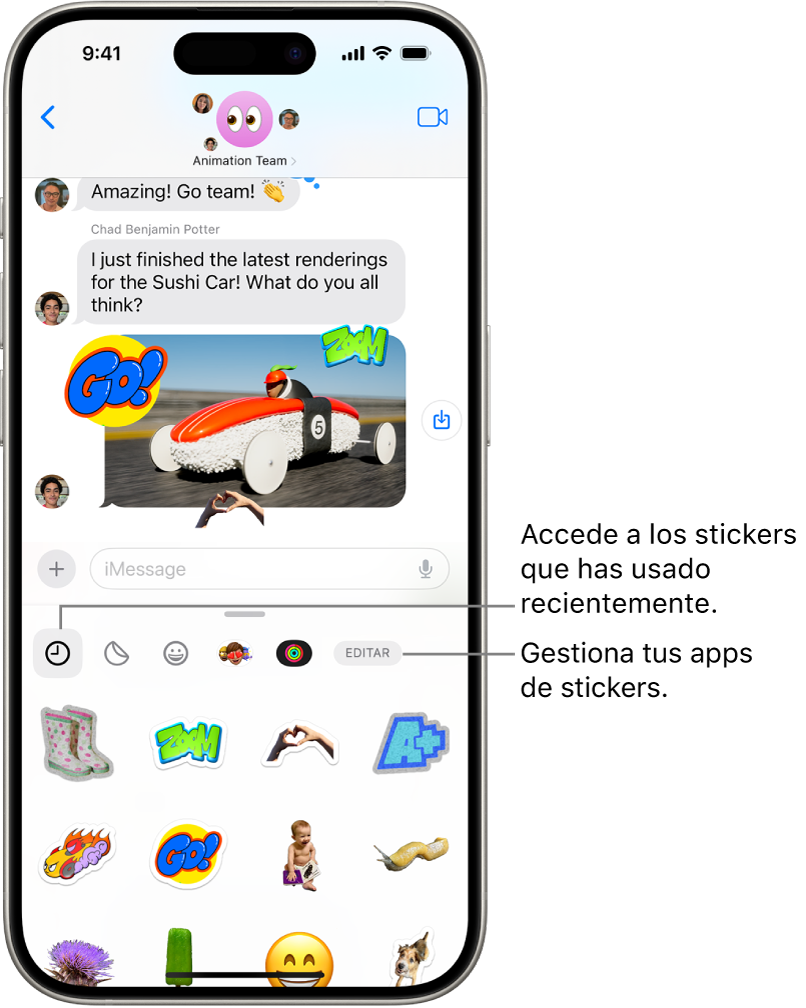 Debajo de una conversación hay stickers. Cada botón situado a lo largo de la parte superior de la tarjeta abre un paquete de stickers.