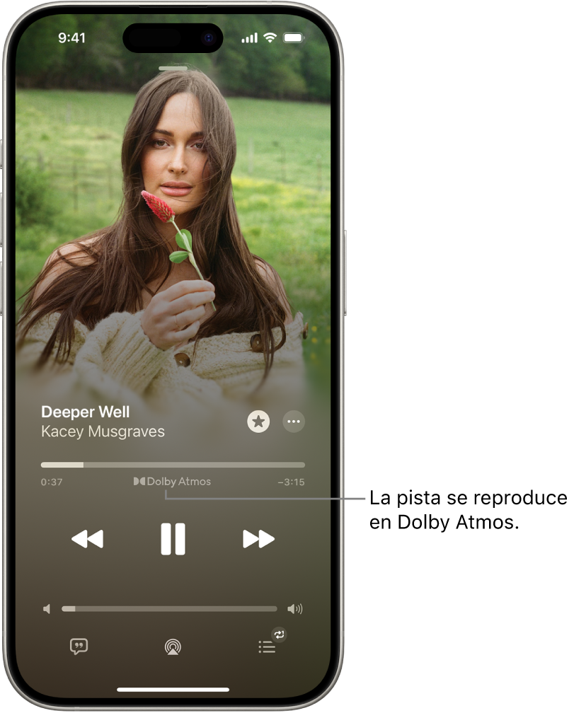 La pantalla “Ahora suena” con el icono de Dolby Atmos en la pista que se está reproduciendo.