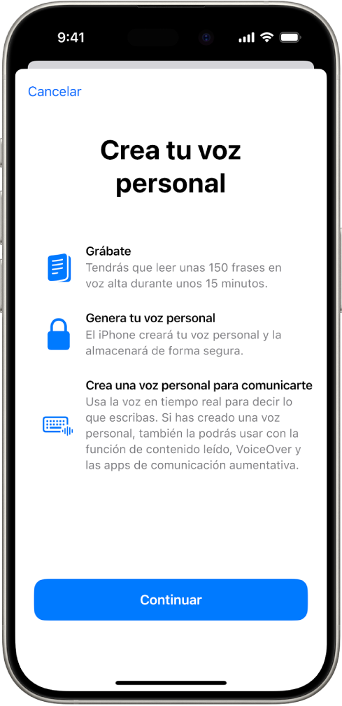 iPhone con información sobre cómo crear una voz personal.