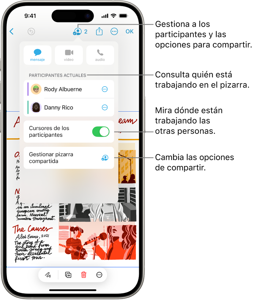 Una pizarra de Freeform compartida en el iPhone con el menú de colaboración abierto.