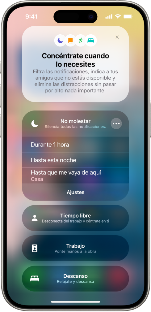 Pantalla para seleccionar el tiempo que estará activado “No molestar”. Las opciones son “Durante 1 hora”, “Hasta esta noche” y “Hasta que me vaya de aquí”.