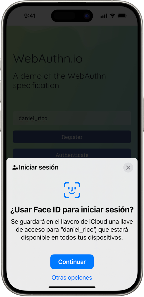 Pantalla de inicio de sesión que aparece cuando se guarda una llave de acceso para la cuenta. Los botones Continuar y “Otras opciones” están en la parte inferior de la pantalla.