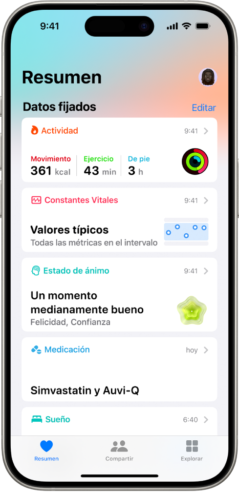 La pantalla Resumen en la app Salud. La información sobre la actividad, las constantes vitales, el estado de ánimo y la medicación se muestra debajo de “Datos fijados”.