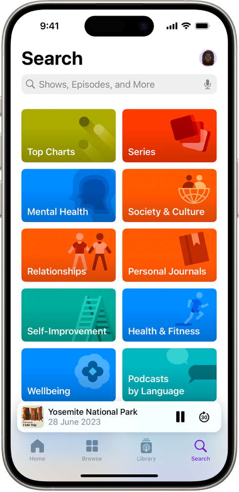 Rakenduse Podcasts kuva Search, kus on podcastide kategooriad. Ekraani allosas läheduses on jao kaas, jao pealkiri ning nupud Pause ja Skip Forward. Ekraani allservas on vahekaardid Home, Browse, Library ja Search.