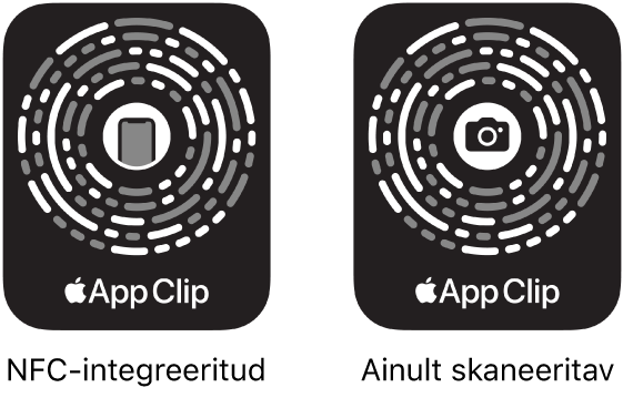 Vasakul on NFC-põhine App Clip Code, mille keskel on iPhone'i ikoon. Paremal on ainult skaneeritav App Clip Code, mille keskel on kaameraikoon.