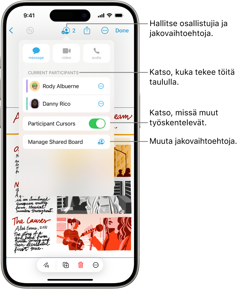 Jaettu Freeform-taulu iPhonessa, yhteistyövalikko on avattuna.