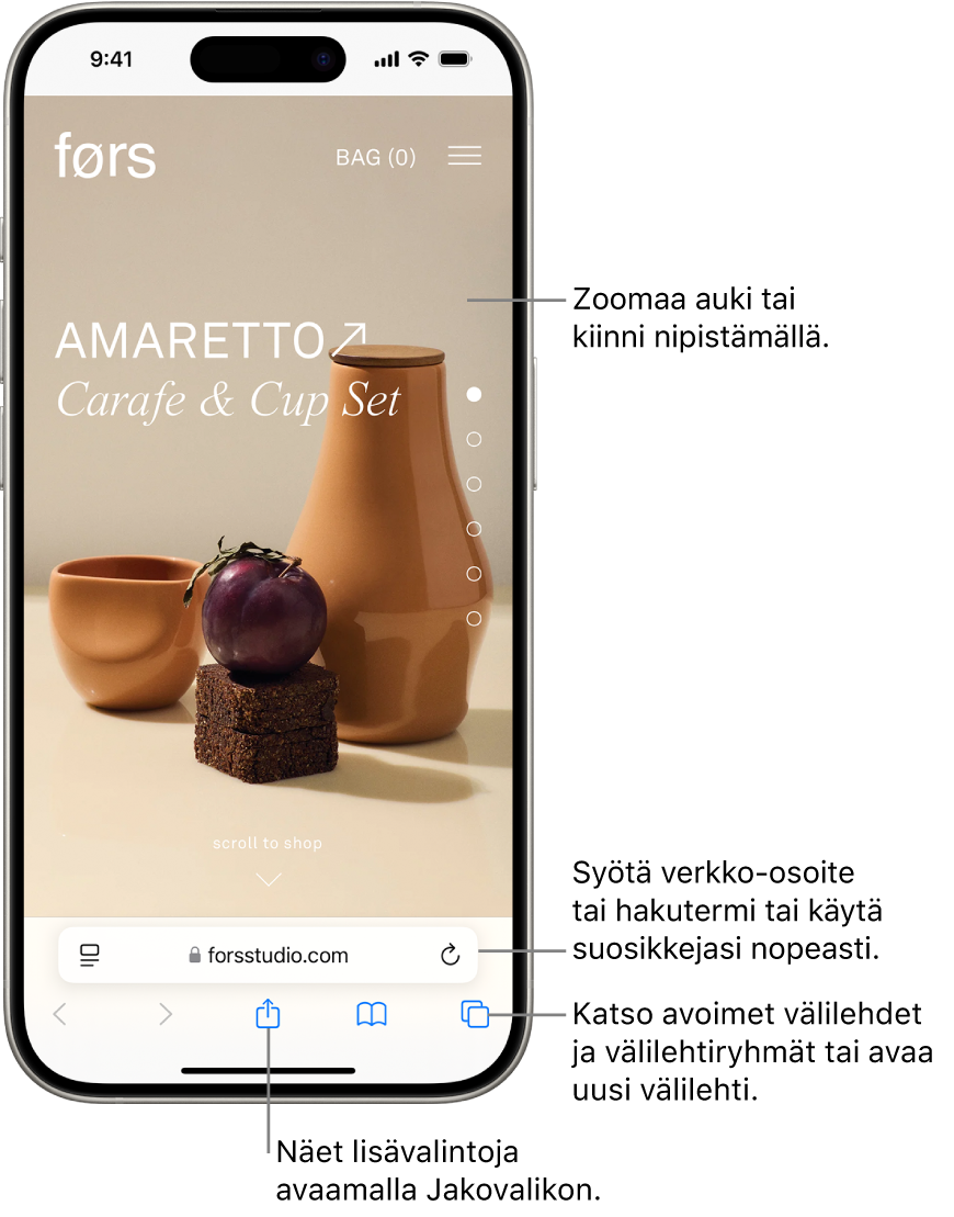 Verkkosivusto avoinna Safarissa, osoitekenttä alimpana. Alhaalla vasemmalta oikealle ovat Edellinen-, Seuraava-, Jaa-, Kirjanmerkit- ja Välilehdet-painikkeet.