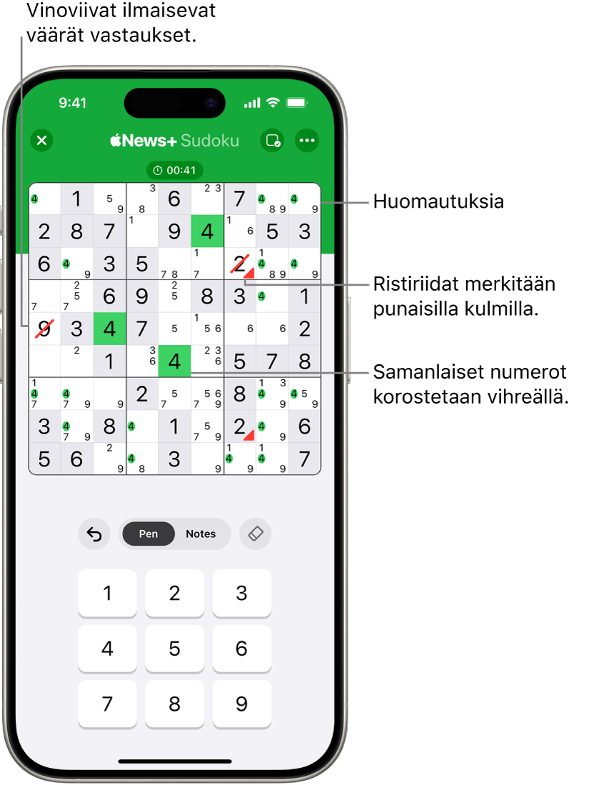 Sudoku, jossa on käytössä useita ominaisuuksia: Notes, Highlight Matching Numbers, Show Conflicts ja Autocheck.