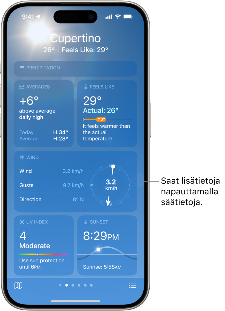 Sää-näyttö, jossa näkyy sijainti yläreunassa sekä nykyinen lämpötila ja säätila sen alapuolella. Näytöllä on myös säätietoja ilmanlaadusta, sademääristä, UV-indeksistä ja auringonlaskusta.