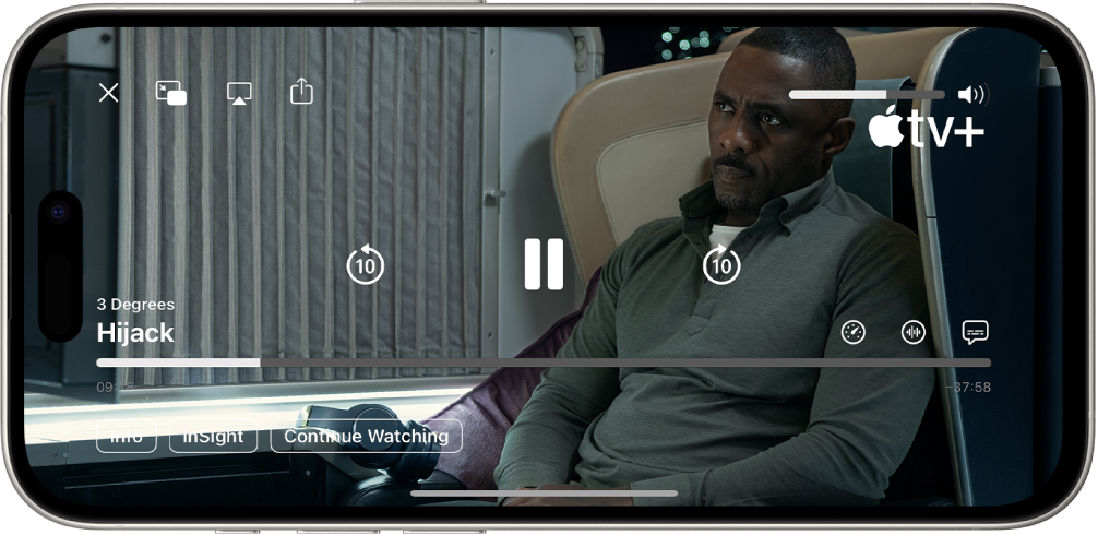 Näytöllä toistetaan TV-ohjelma ja säätimet ovat näkyvissä. Sulje-, Kuva kuvassa-, AirPlay- ja Jaa-painikkeet näkyvät vasemmassa yläkulmassa. Äänenvoimakkuuden liukusäädin on ylhäällä oikealla. Keskellä näkyvät painikkeet, joiden avulla voit siirtyä 10 sekuntia taaksepäin, keskeyttää toiston ja siirtyä 10 sekuntia eteenpäin. Näytön alareunassa keskellä on liukusäädin, jota vetämällä voit säätää videon sijainnin. Kulunut aika ja jäljellä oleva aika näkyvät liukusäätimen päissä. Alaoikealla ovat Tiedot-, Tutustu- ja Jatka katsomista -painikkeet.