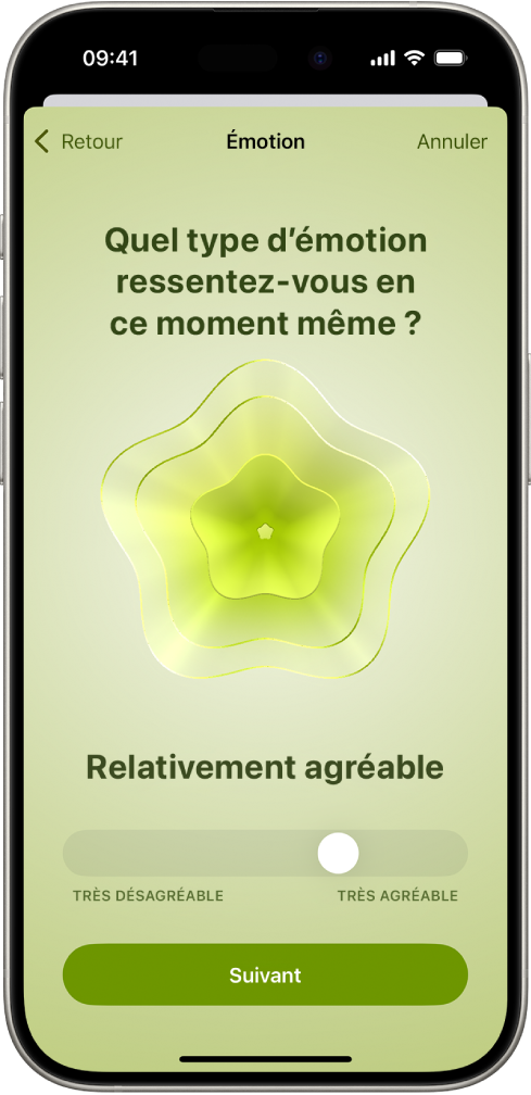 Écran de l’app Santé indiquant que l’humeur actuelle est Relativement agréable. En bas de l’écran, un curseur permet de régler le niveau de l’émotion.