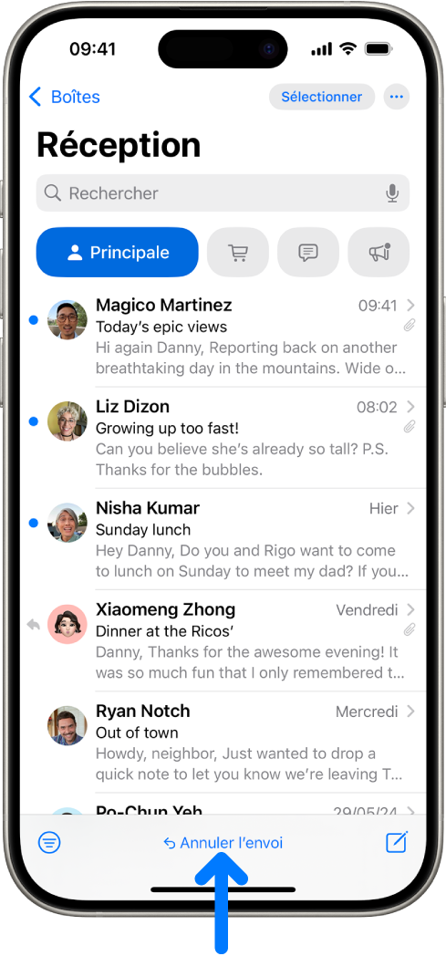 La boîte de réception affichant une liste de messages. Le bouton « Annuler l’envoi » (permettant de retirer un message envoyé récemment) se trouve au centre de l’écran, en bas.