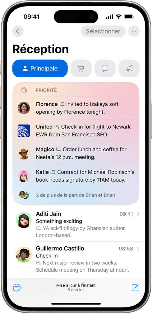 iPhone affichant la section Messages prioritaires en haut de l’écran, avec des e-mails urgents en haut. Deux e-mails résumés apparaissent au bas de l’écran.