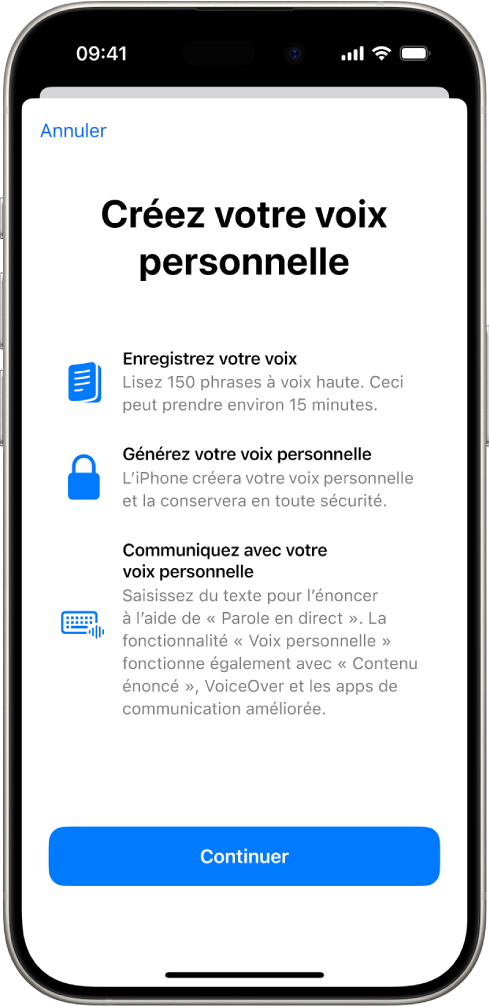 Un iPhone avec des informations sur la façon de créer une voix personnelle.