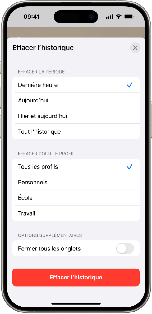Le menu « Effacer l’historique ». Sous « Effacer la période », l’option « Dernière heure » est sélectionnée. L’option « Tous les profils » est sélectionnée sous « Effacer pour le profil ». Le bouton « Effacer l’historique » apparaît au bas de l’écran.