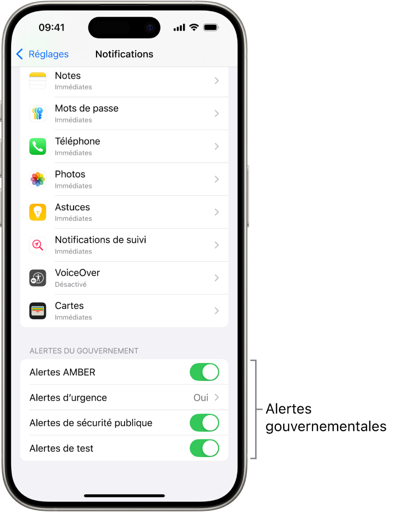 L’écran Notifications, affichant les alertes gouvernementales que vous pouvez recevoir si vous les activez.