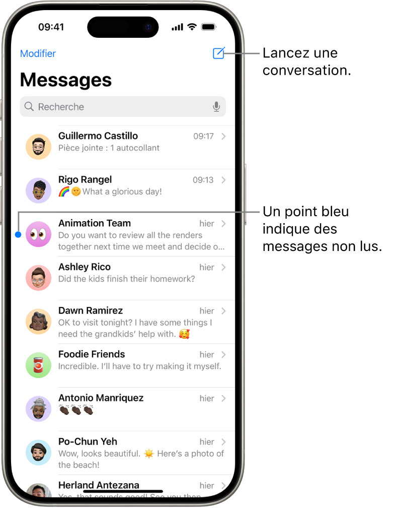 La liste des conversations de Messages, avec le bouton Rédiger en haut à droite. Le point bleu situé à gauche d’un message indique que ce dernier n’a pas été lu.