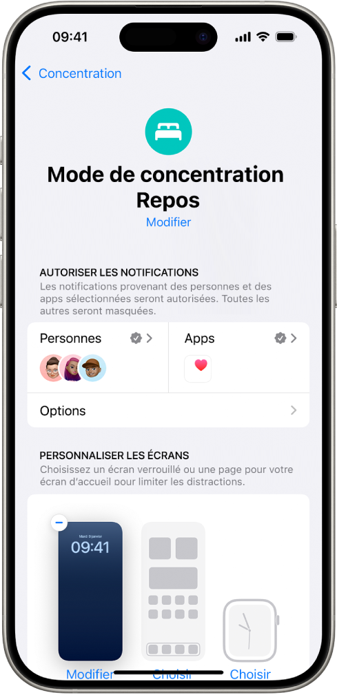 L’écran « Mode de concentration Repos » montrant trois personnes et une app autorisées à envoyer des notifications.