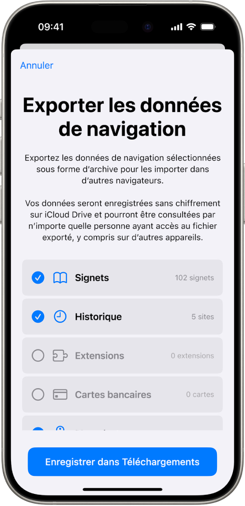 L’écran Exporter les données de navigation, affichant les données que vous pouvez exporter depuis Safari vers un autre navigateur.