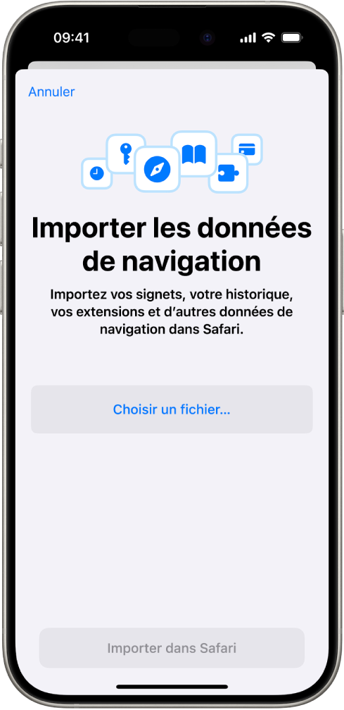 L’écran « Importer les données de navigation », affichant les données d’un autre navigateur à importer dans Safari.