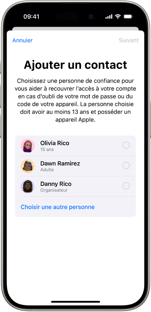 L’écran « Ajouter un contact de récupération » affichant des suggestions de contact de récupération, ainsi qu’une option permettant de choisir une autre personne.