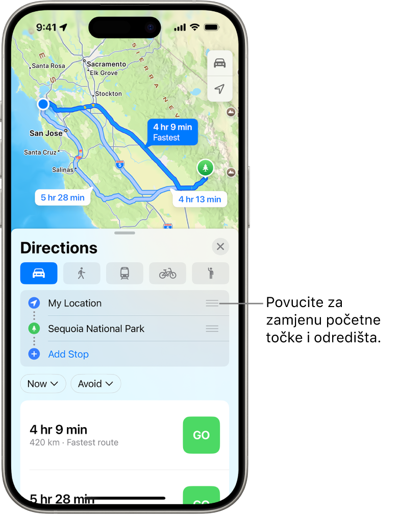 Karta s nekoliko mogućih ruta za upute za vožnju između Moje lokacije i odredišta.