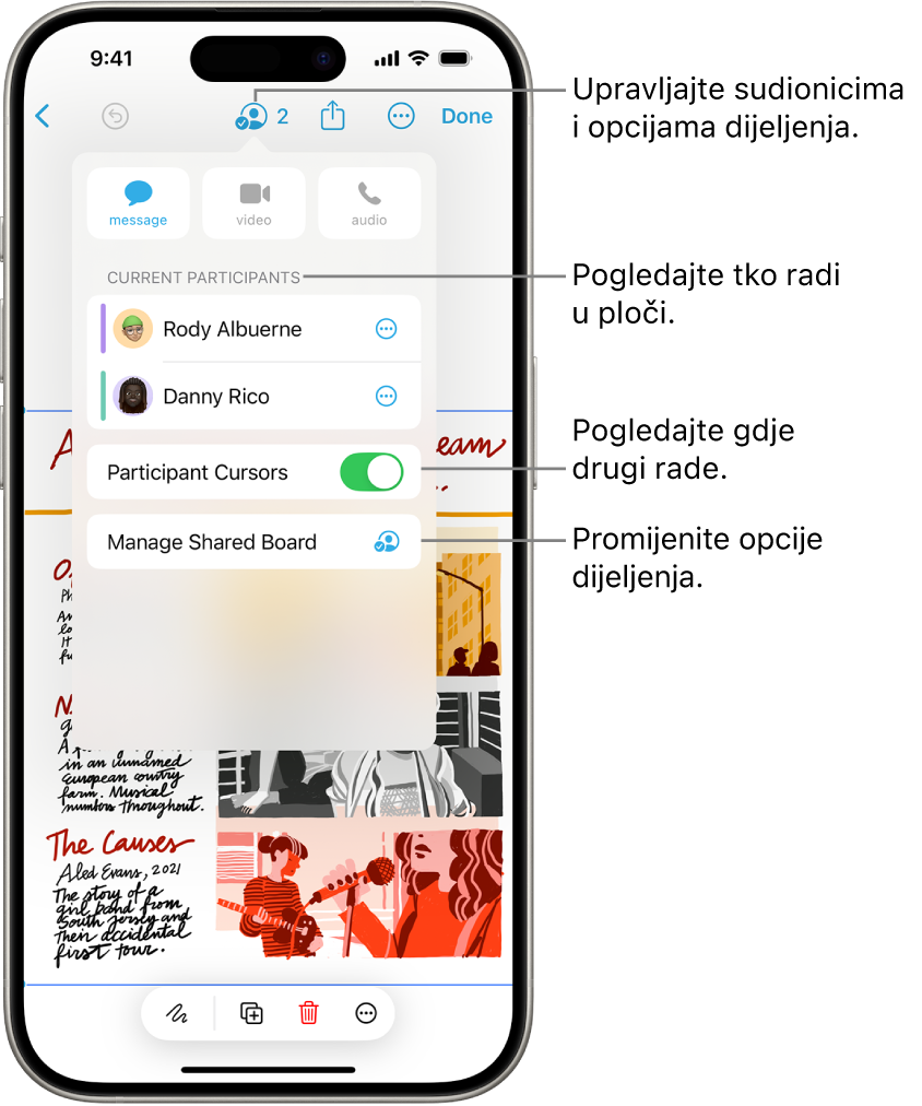 Dijeljena Freeform ploča na iPhoneu s otvorenim izbornikom za suradnju.