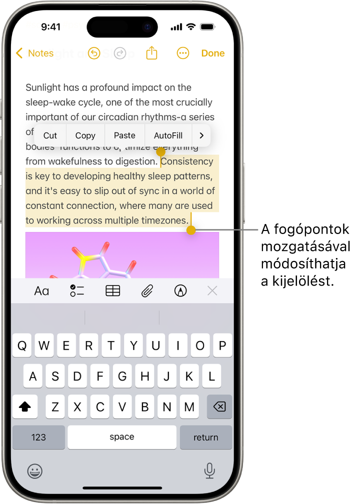Szöveg van kijelölve egy jegyzetben a Jegyzetek appban. A kijelölt szöveg felett a következő gombok láthatók: Kivágás, Másolás, Beillesztés és Automatikus kitöltés. A kijelölt szöveg kiemelve látható, és a fogópontok segítségével tetszés szerint módosítható.