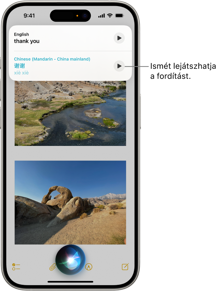 Az iPhone képernyője, amelynek alján Siri hangérzékelésre utaló szimbóluma látható, a tetején pedig egy válasz Siritől egy angolról mandarinra történő fordítás formájában.