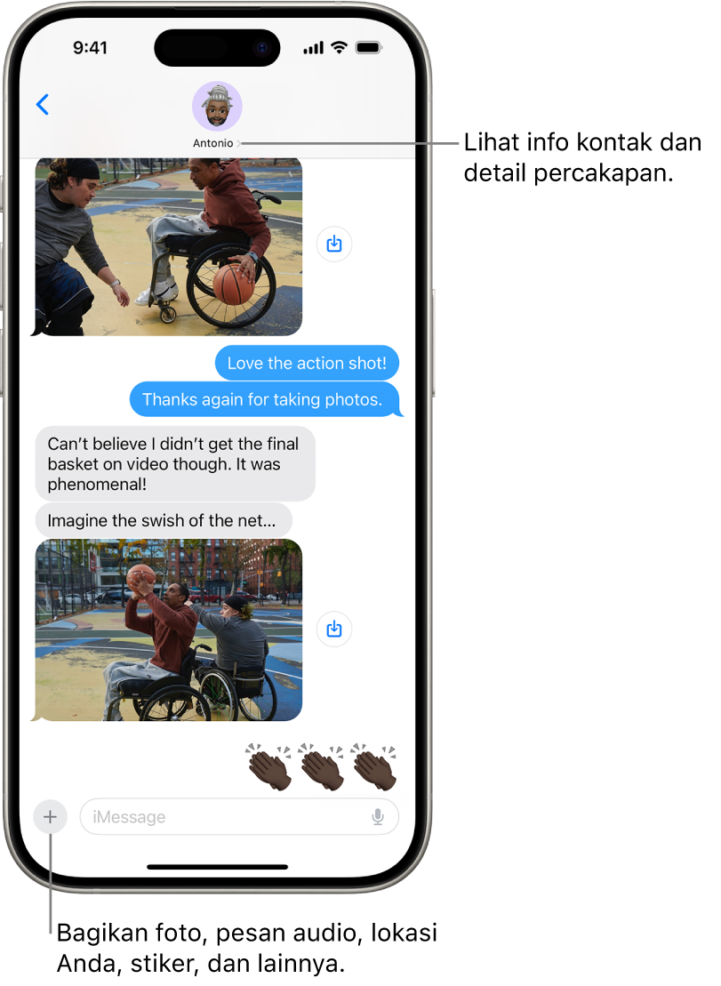 Percakapan pesan. Nama orang yang Anda kirimi pesan berada di bagian atas layar. Anda dapat mengetuk namanya untuk melihat detail percakapan. Tombol Tambah ada di pojok kiri bawah.