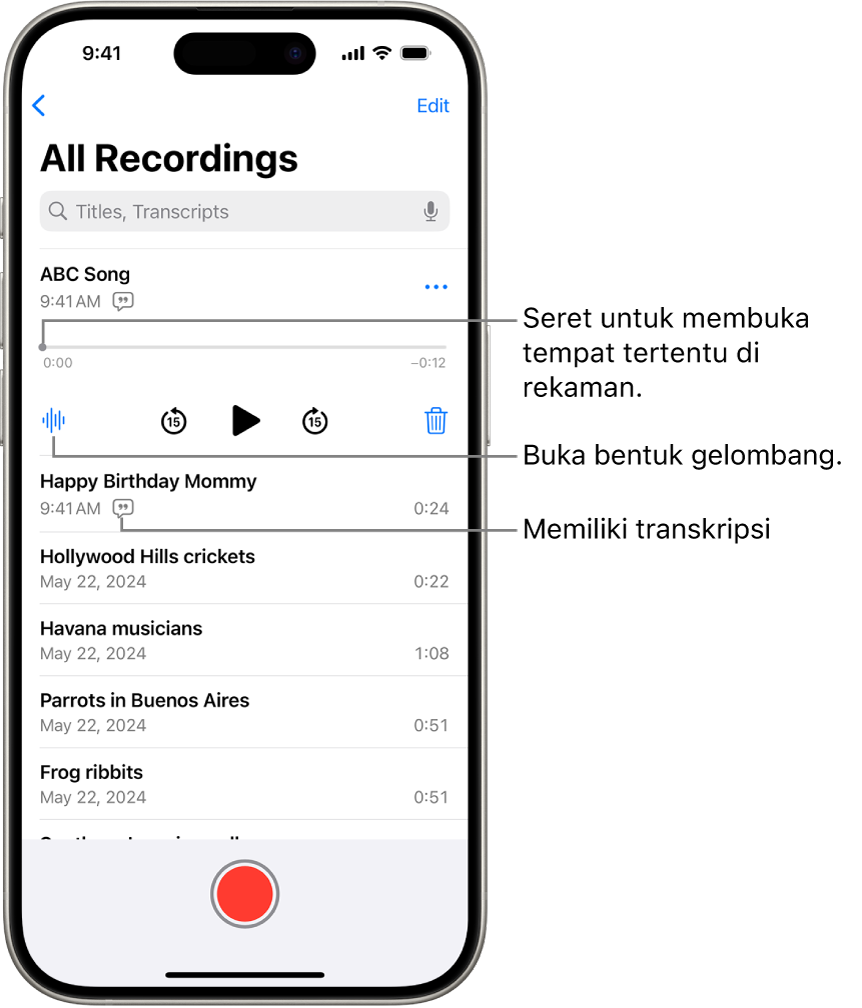 Layar daftar Memo Suara dengan rekaman yang dipilih di bagian atas. Garis waktu rekaman memiliki playhead, yang dapat Anda seret untuk pindah ke tempat tertentu di rekaman. Kontrol putar berada di bawah garis waktu.