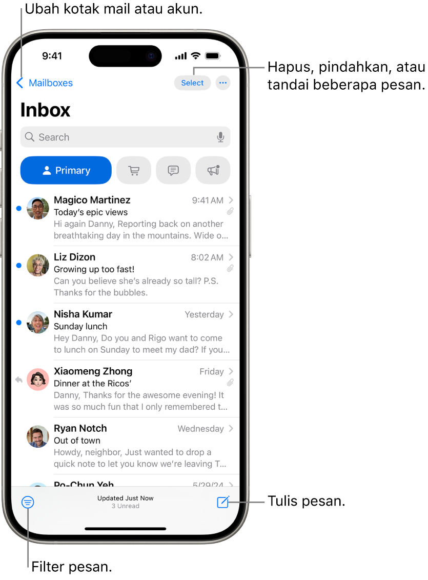 Inbox Mail, menampilkan daftar email.