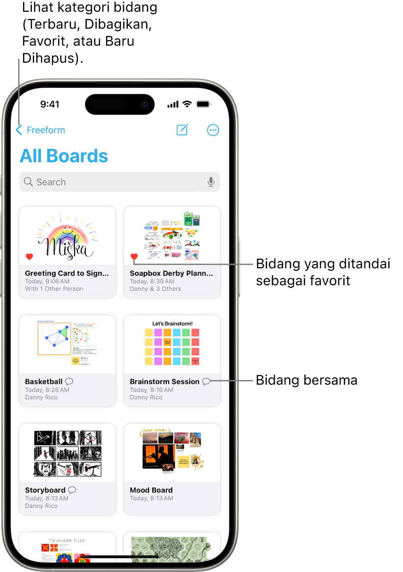 Layar Semua Bidang Freeform dibuka dan menampilkan delapan gambar mini bidang.