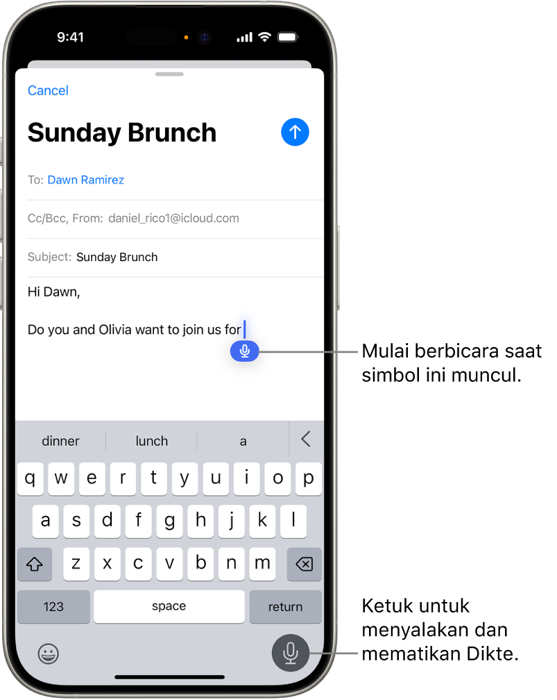 Papan ketik pada layar terbuka di app Mail. Tombol Dikte di pojok kanan bawah layar dipilih dan tombol Dikte muncul di bawah titik penyisipan di bidang teks.