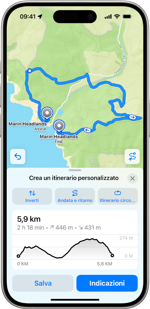 Un itinerario personalizzato nell’app Mappe, con distanza, profilo dell’altitudine, tempo previsto e opzioni per salvare od ottenere le direzioni verso l’inizio dell’itinerario.