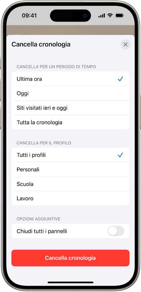 Il menu “Cancella cronologia”. Sotto “Cancella per un periodo di tempo”, è selezionata l’opzione “Ultima ora”. Sotto “Cancella per il profilo” è selezionata l’opzione “Tutti i profili”. Nella parte inferiore dello schermo è presente il pulsante “Cancella cronologia”.