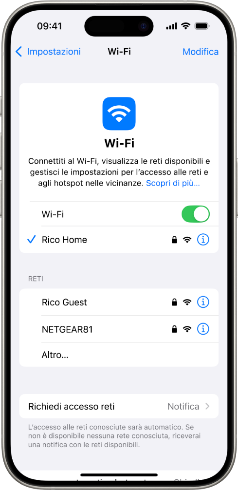 La schermata delle opzioni Wi-Fi in Impostazioni. Il Wi-Fi è attivo ed è selezionata una rete.