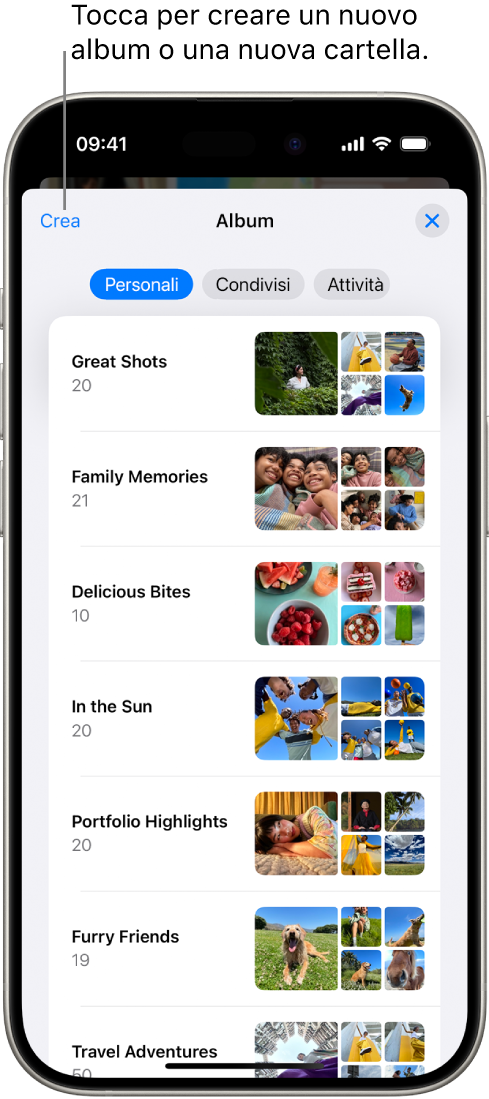 La sezione Album è aperta nell’app Foto. Il pannello Personale è selezionato, sotto di esso è mostrato un elenco di album.