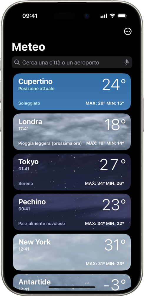 La schermata di Meteo che mostra un elenco di città con l’orario attuale, la temperatura, le previsioni e la temperatura massima e minima. Nella parte superiore dello schermo si trova il campo di ricerca e nell’angolo in alto a destra si trova il pulsante Altro.