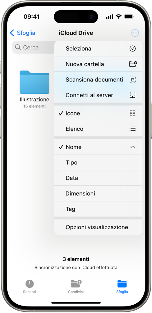 L’app File con il pulsante Altro selezionato. Nel menu che viene visualizzato sono presenti le opzioni per Seleziona, “Nuova cartella”, “Scansiona documenti” e “Connetti al server”. Sotto sono presenti le opzioni per visualizzare gli elementi sullo schermo come icone o elenco. In basso, sono presenti le opzioni per organizzare i contenuti in base a Nome, Tipo, Data, Dimensioni e Tag, seguite dalle “Opzioni di visualizzazione”.