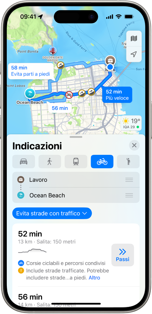 Una mappa che mostra le opzioni per un itinerario in bicicletta. La scheda dell’itinerario in basso contiene dettagli, inclusi tempo stimato, dislivelli e tipi di strade. Il pulsante Vai viene mostrato a destra dei dettagli.