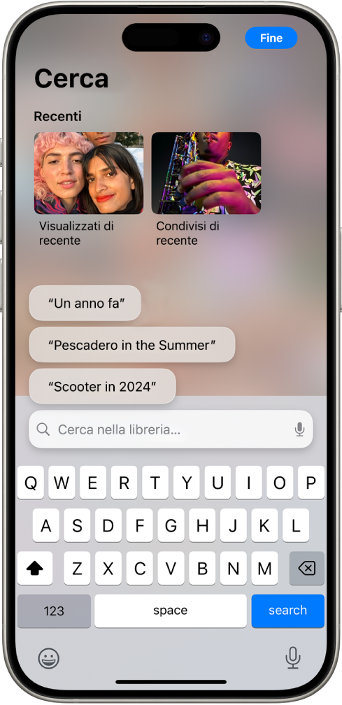 La schermata di ricerca dell’app Foto. Nella parte superiore della schermata sono presenti gli elementi visualizzati di recente o condivisi, seguiti dalle ricerche suggerite e successivamente dal campo di ricerca.