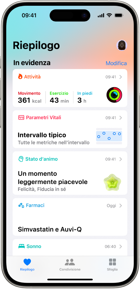 La schermata Riepilogo di Salute. Le informazioni su attività, parametri vitali, stato d’animo e farmaci vengono visualizzate sotto “In evidenza”.