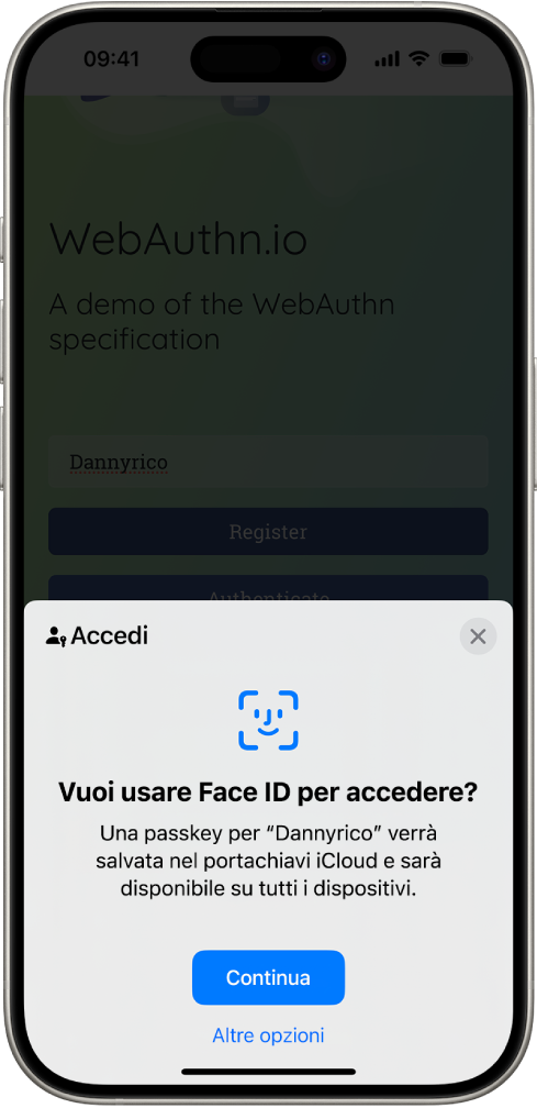 La metà inferiore della schermata di iPhone con l’opzione di utilizzare le passkey per accedere a un sito web. Viene visualizzato il pulsante Continua per salvare la passkey e il pulsante “Altre opzioni”.