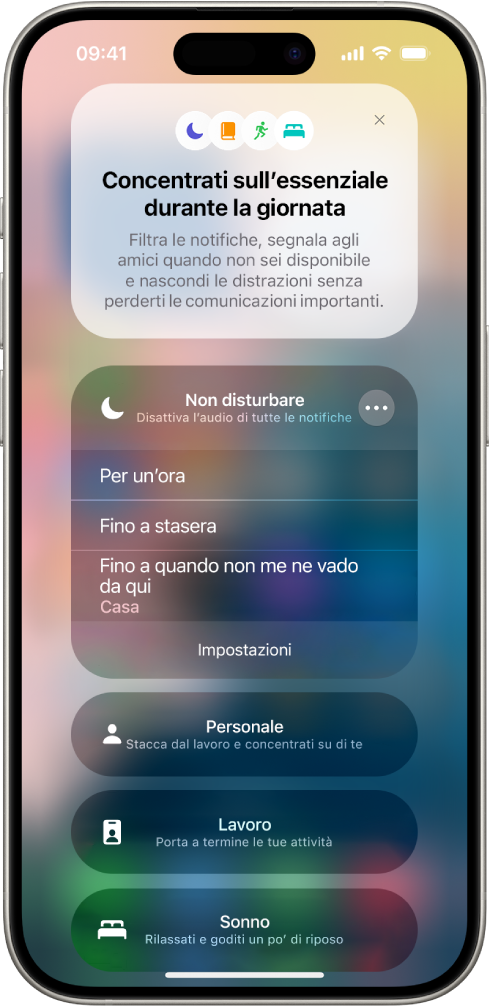 La schermata per scegliere per quanto tempo lasciare attivo “Non disturbare”. Le opzioni sono “Per un’ora”, “Fino a stasera”, “Fino a quando non me ne vado da qui”.