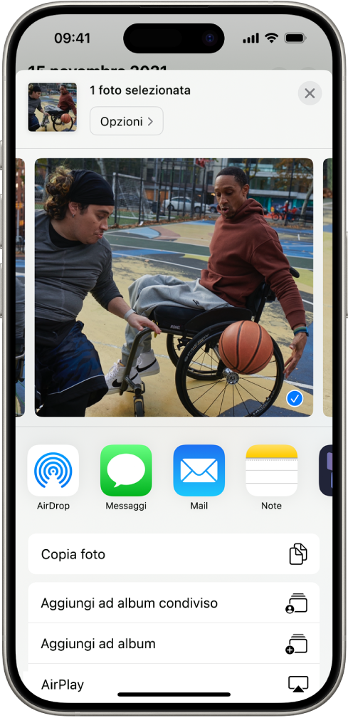 Nella metà superiore della schermata di iPhone viene mostrata una foto selezionata, seguita da una riga di opzioni per la condivisione. Sotto vengono mostrate opzioni aggiuntive, tra cui “Copia foto”, “Aggiungi ad album condiviso”, “Aggiungi ad album” e AirPlay.
