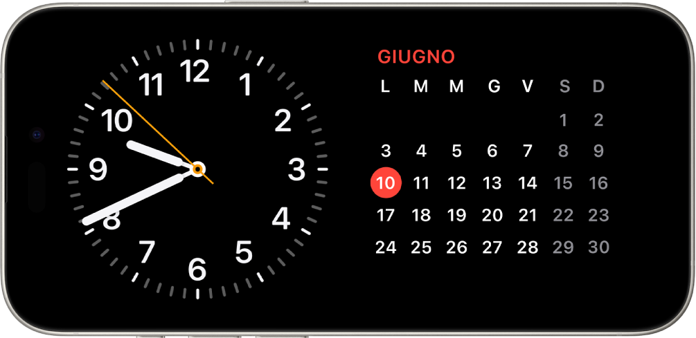 iPhone ruotato in orizzontale. Il lato sinistro dello schermo mostra un orologio mentre quello destro mostra la data.