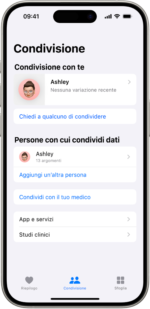 La schermata Condivisione nell’app Salute.