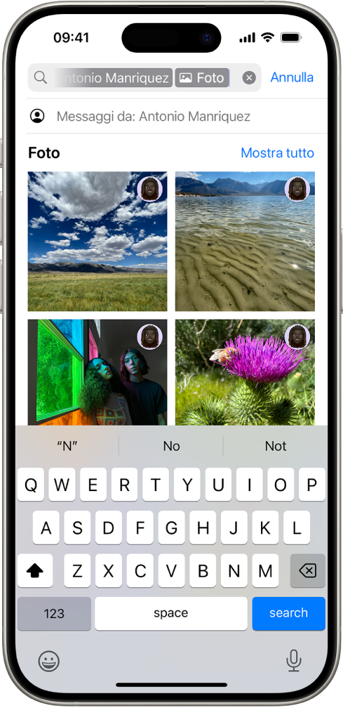 Il campo di ricerca nell’app Messaggi. Il campo contiene un tag che limita la ricerca alle foto inviate da una persona.