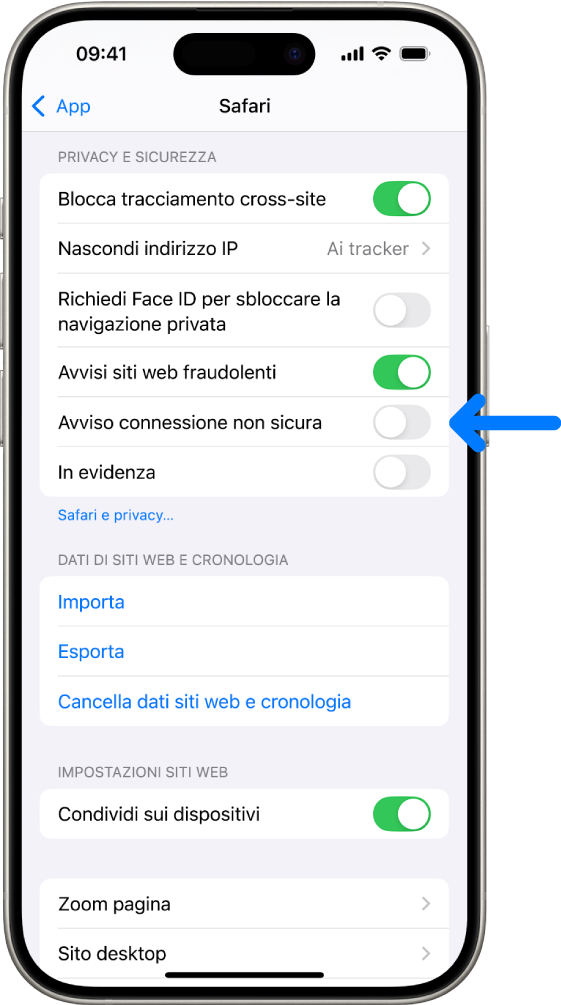 Il controllo “Avviso connessione non sicura”, che si trova sotto “Privacy e sicurezza” nella schermata Safari di Impostazioni.